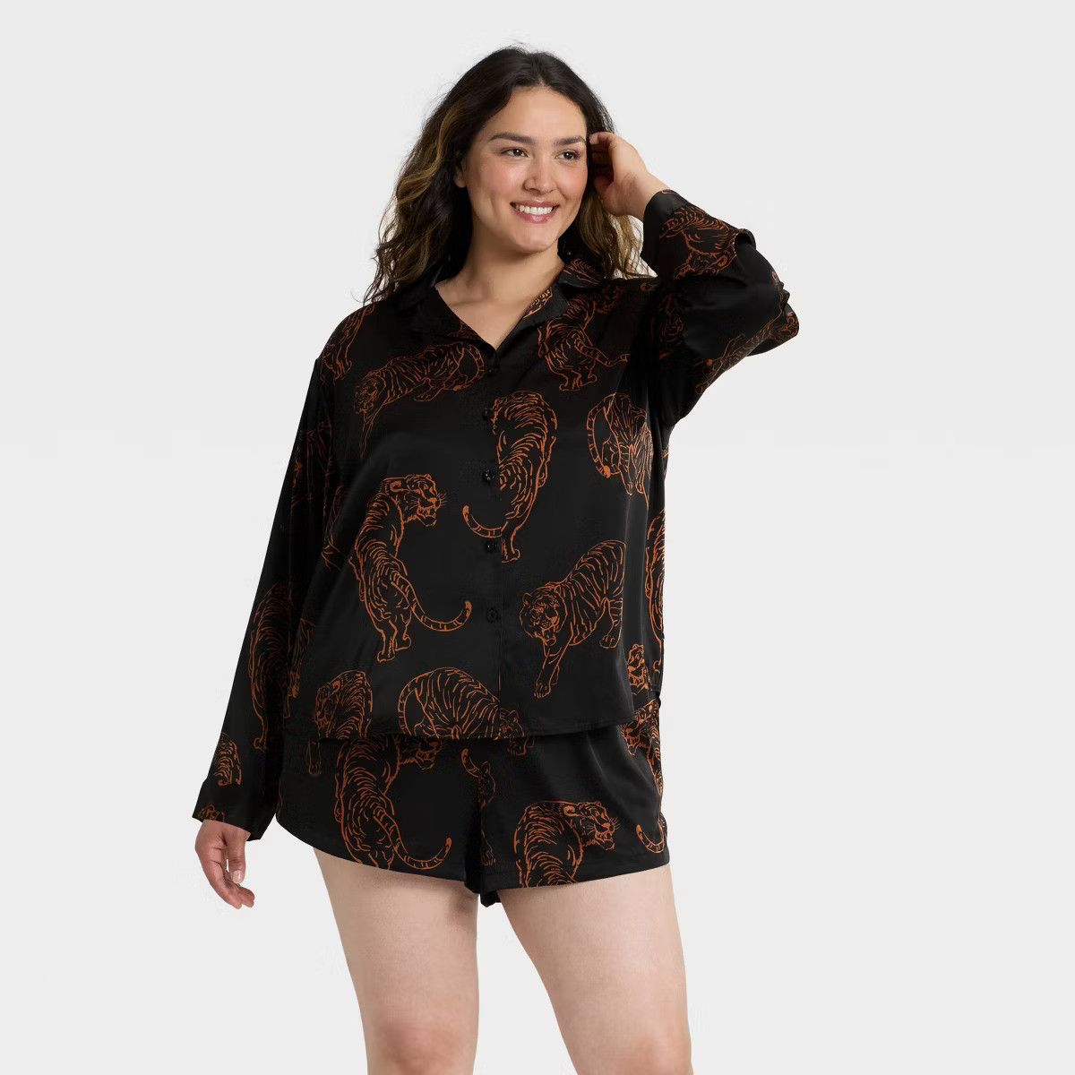 Women's Satin Notch Collar Long Sleeve Shirt and Shorts Pajama Set - Auden™ | Target