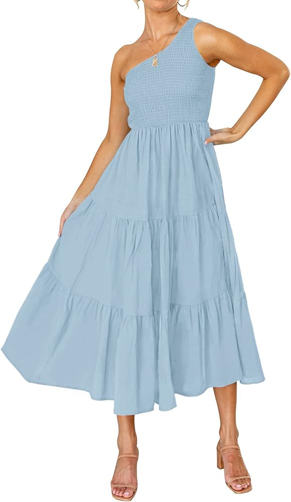 ZESICA Women's 2026 Bohemian Summer Floral Print One Shoulder Sleeveless Smocked Ruffle Tiered Be... | Amazon (US)