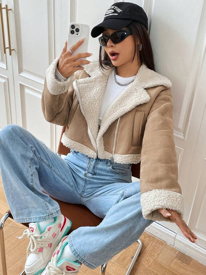 SHEIN EZwear Teddy Lined Zip Up Moto Jacket | SHEIN