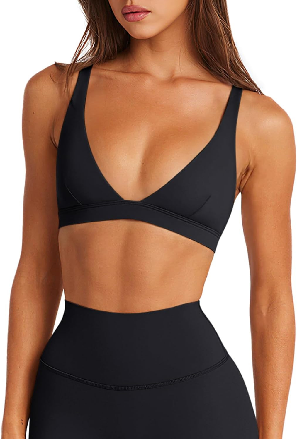 LASLULU Womens Deep V-Neck Sports Bra Padded Low Impact Yoga Workout Bra | Amazon (US)