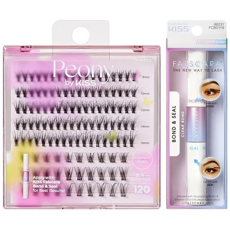 KISS Peony False Eyelashes Lash Extension Kit 9mm-16mm 120 Lash Clusters - Midnight Muse and Kiss FALSCARA Bond & Seal for Lash Clusters Adhesive Form Clear Net Wt. 8.7 G (0.29 oz.) Bundle | Walmart (US)