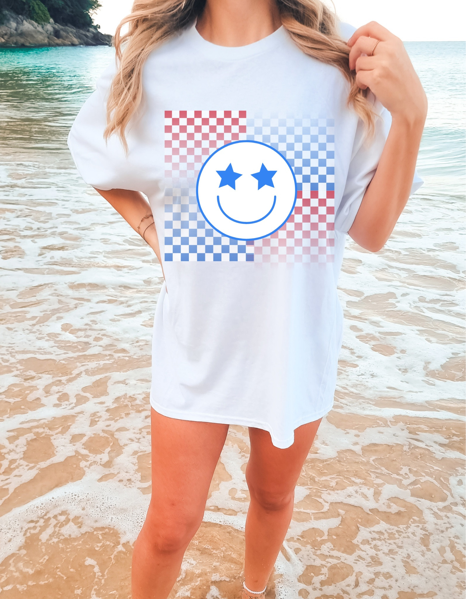 Happy face checkered shirt
Oversized shirt 
4th of July 
Summer 

#LTKTravel #LTKParties