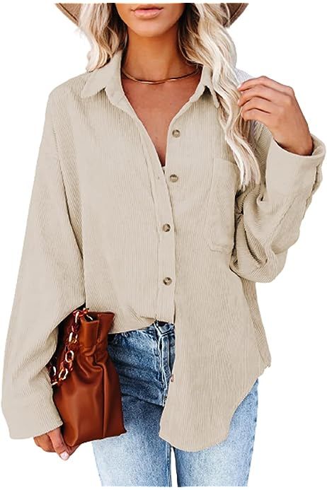 Women Corduroy Button Down Shacket Casual Shirt Jacket Long Sleeve Boyfriend Blouses Tops | Amazon (US)