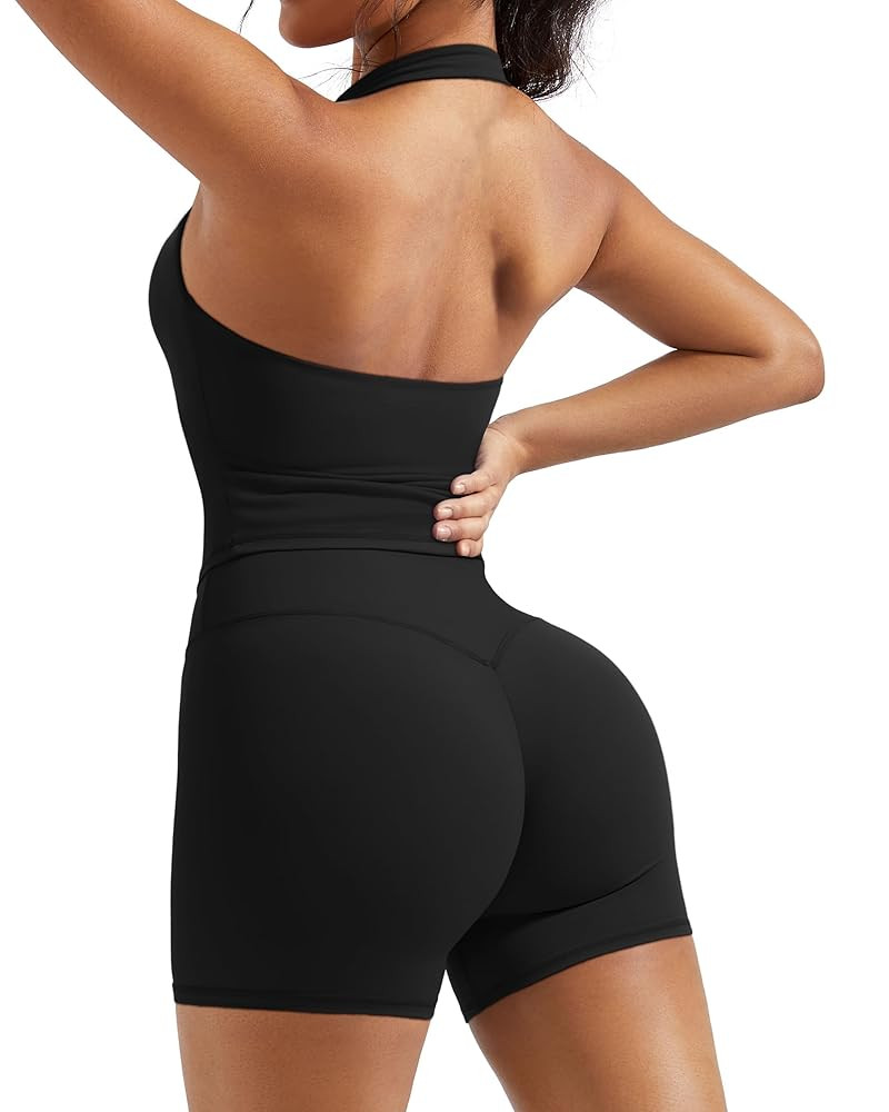 OMKAGI 2 Piece Workout Sets for Women Halter Sports Bra Tank Gym Biker Shorts Outfits | Amazon (US)