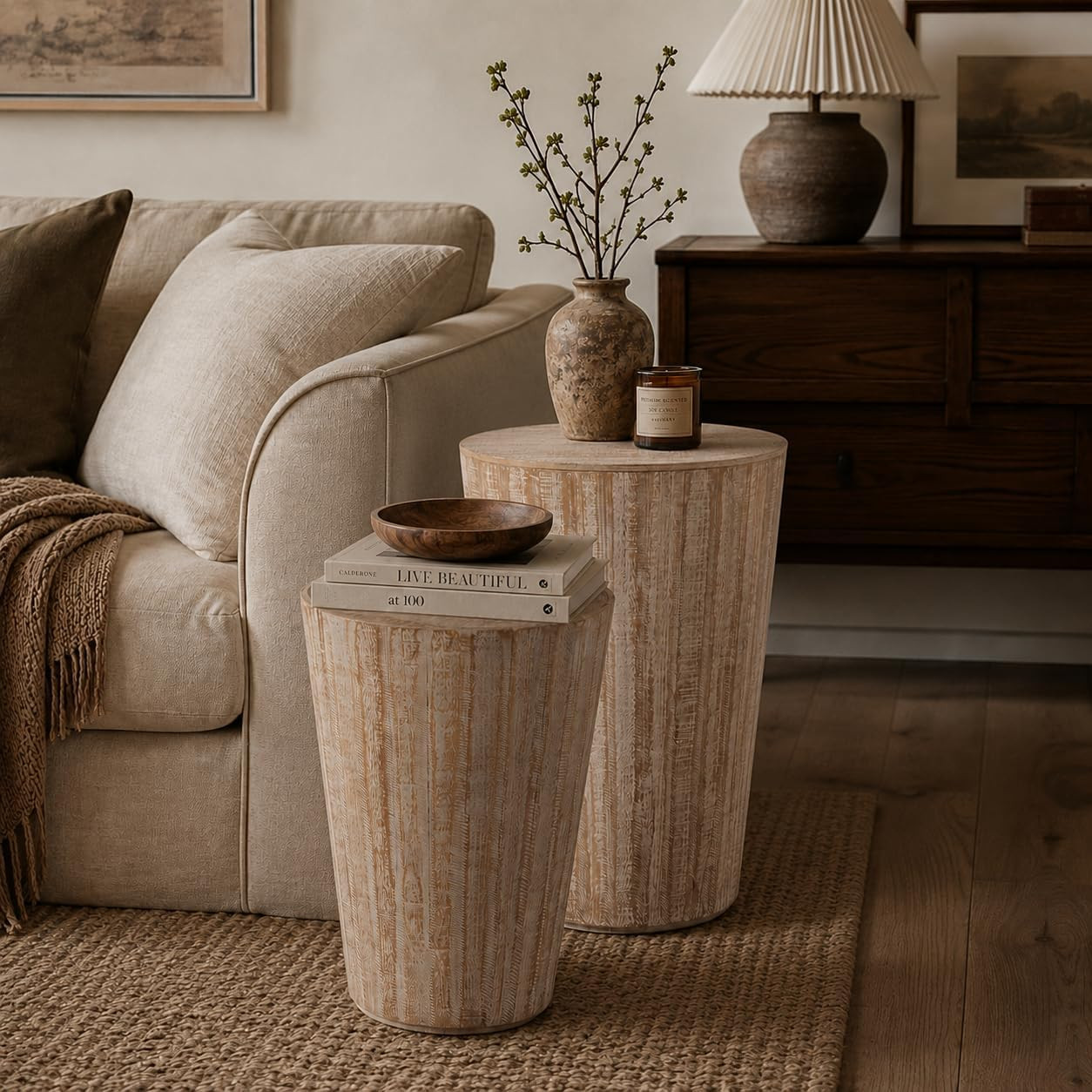 Aoikax Farmhouse Nesting Barrel Side Table, Rustic Space Saving Storage End Table Set Fully Assembled, Natural Distressed Finish | Amazon (US)