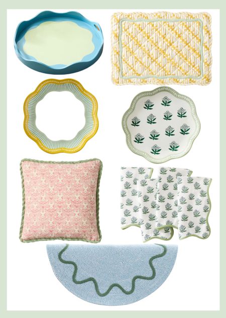 Rhode x West Elm collaboration. Home decor. Floral salad plates. Scalloped dinner plates. Batik placemats. Floral napkins. Scalloped lacquer tray. Floral pink pillow. Round pillows. Scalloped bath rug. Batik scalloped edge curtains. Floral shower curtains. Wicker serving tray for breakfast in bed. Home decor. 
.
.
.
… #ltkstyletip 

#LTKfamily #LTKunder100 #LTKhome