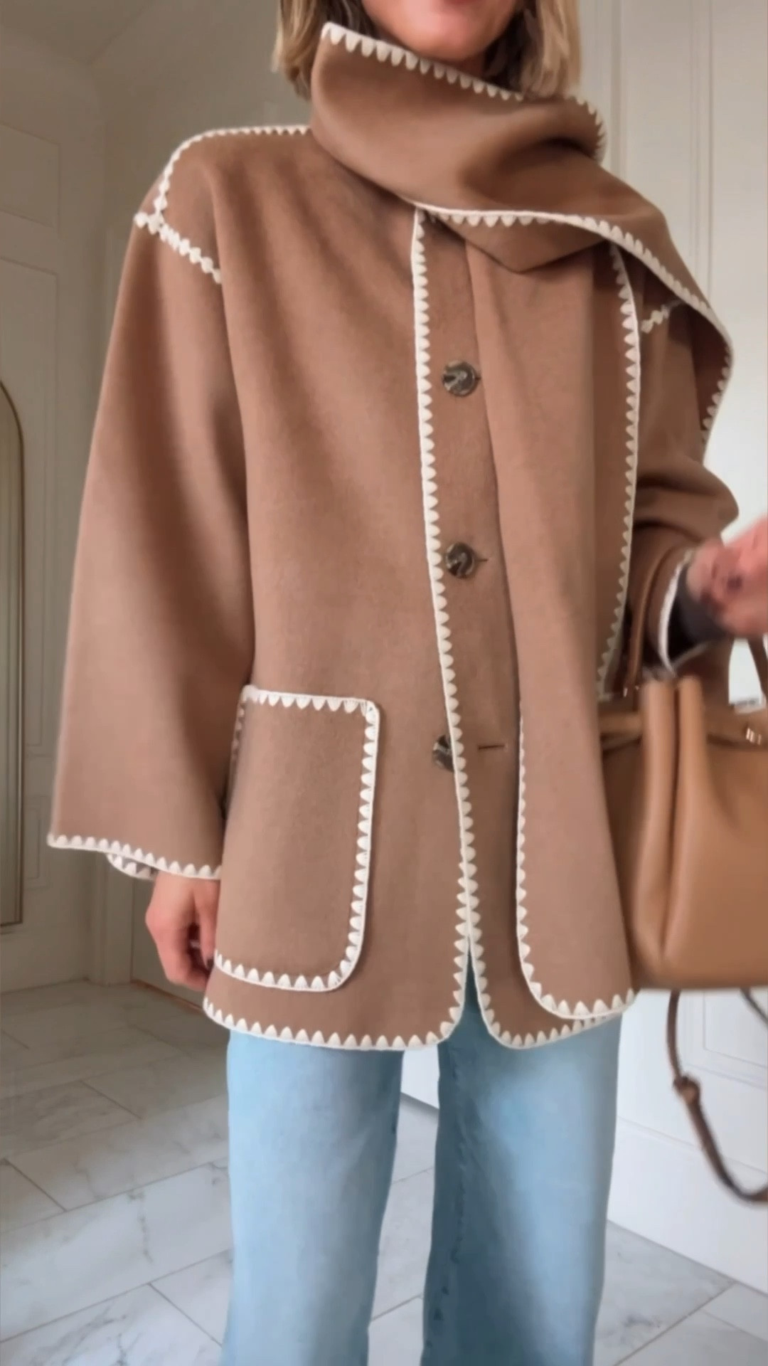 This scarf coat from quince is so good! I'm wearing size small. 