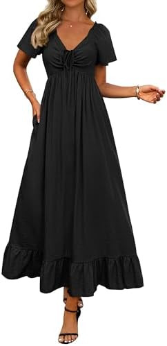 BTFBM Womens Spring Dresses 2025 Casual Short Sleeve V Neck Drawstring Wedding Guest Maxi Dresses... | Amazon (US)