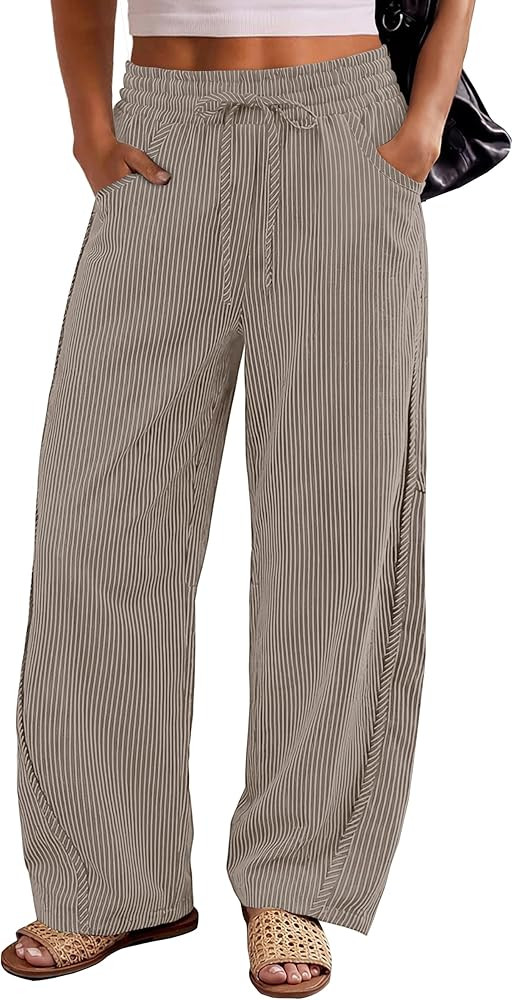 ANRABESS Womens Striped Barrel Casual Pants 2026 Trendy Summer Elastic Drawstring Baggy Lounge Wi... | Amazon (US)