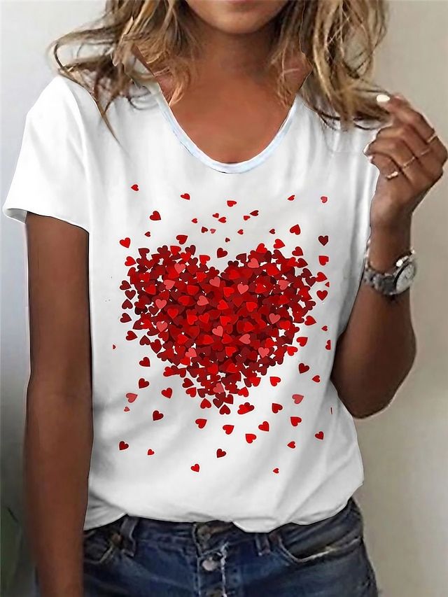Women's T shirt Tee White Heart Short Sleeve Casual Daily Basic V Neck Regular S #8990061 | Lightinthebox