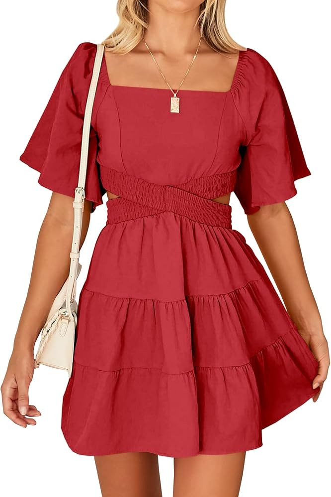 ANRABESS Women Summer Square Neck Short Sleeve Cutout Crossover Waist Casual Party Tiered A-Line ... | Amazon (US)