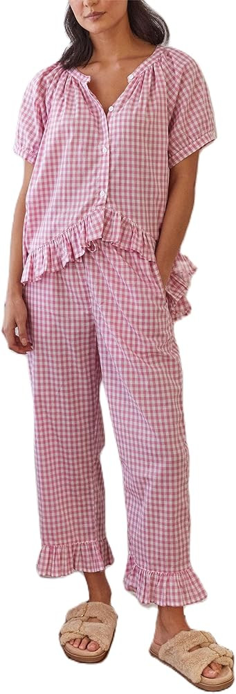 Women Y2k Pajama Set Plaid Puff Sleeve Button Down Ruffle Top and Wide Leg Gingham Pants 2 Piece ... | Amazon (US)