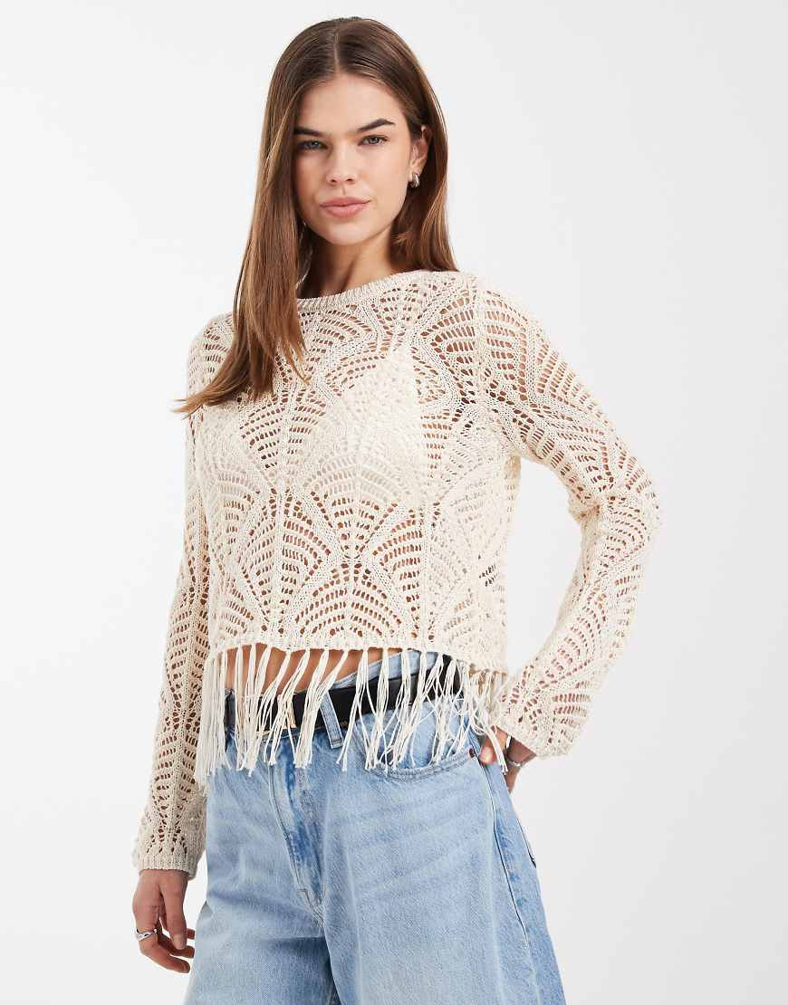 ONLY boho fringes detail crochet top in beige-Neutral | ASOS (Global)