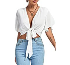 LYANER Women's Deep V Neck Tie Front Knot Wrap Ruffle Short Sleeeve Crop Top Blouse | Amazon (US)