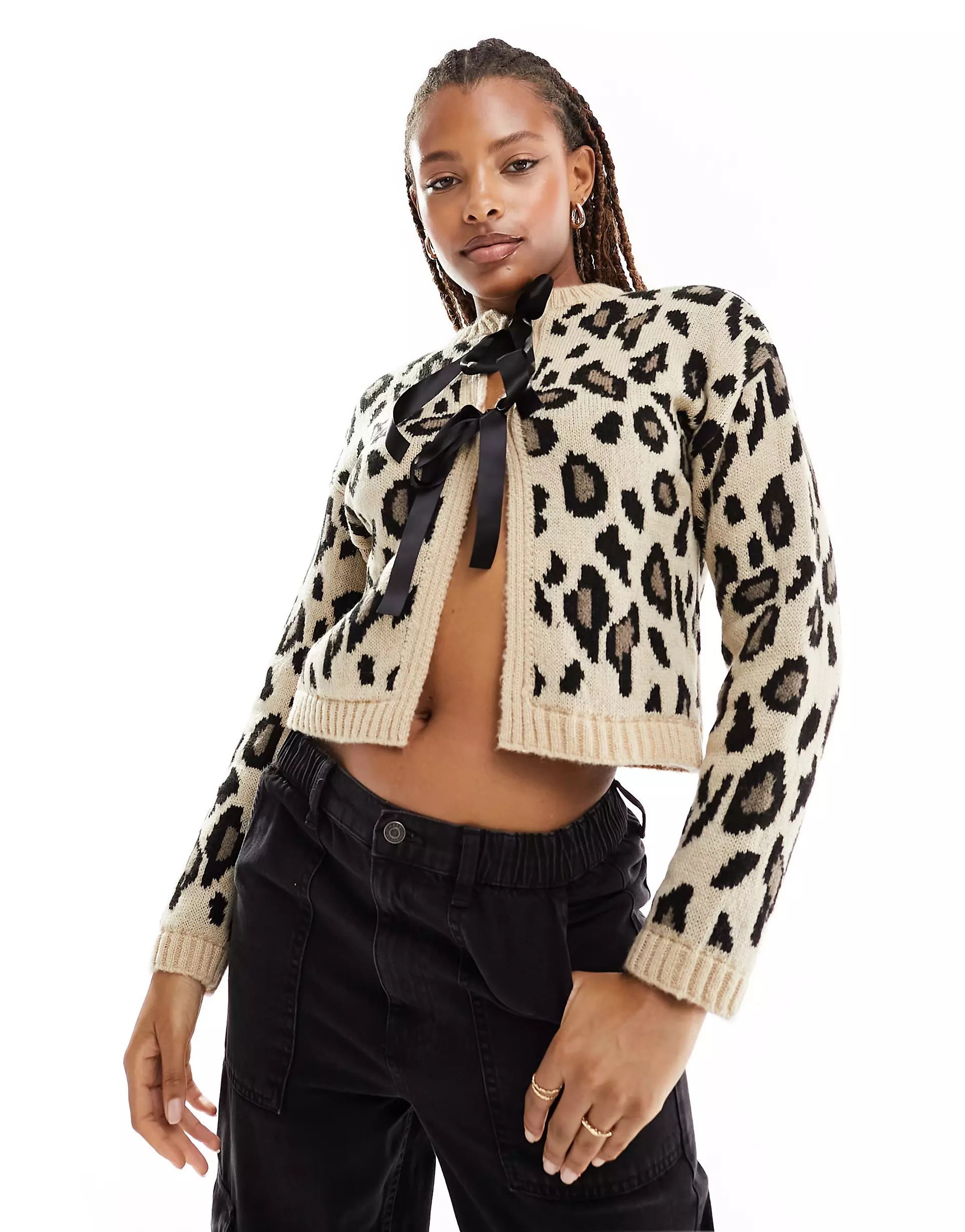 Miss Selfridge leopard ribbon detail knitted cardigan | ASOS | ASOS (Global)