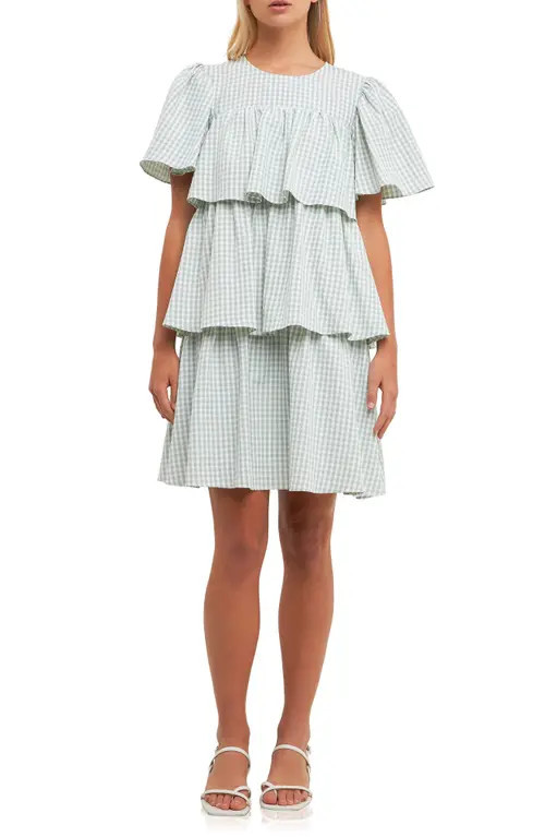 English Factory Gingham Print Tiered Dress in Green/White at Nordstrom, Size Medium | Nordstrom