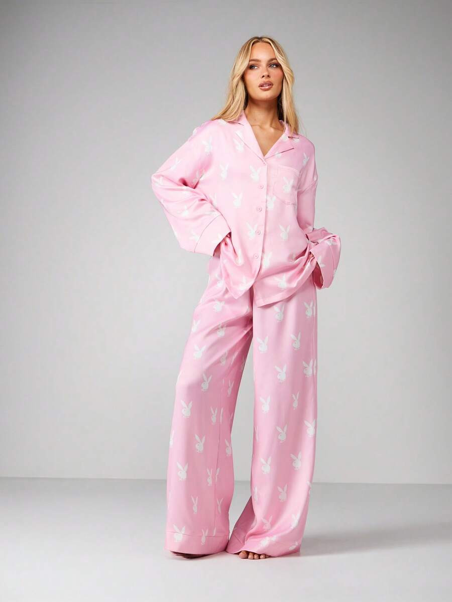 Missguided x Playboy Christmas Oversized Button Front Pajama Set With Wide Leg Trousers And Bunny... | SHEIN