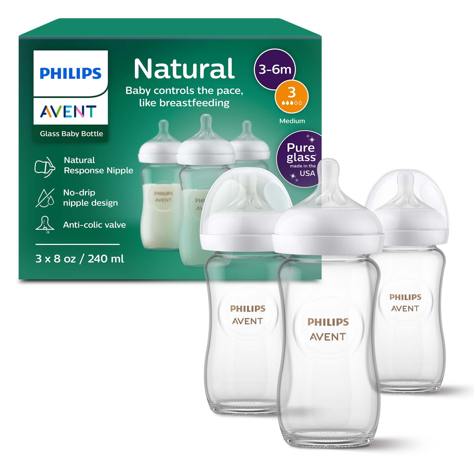 Philips Avent Natural Glass Baby Bottles with Natural Response Nipples (Medium Flow, Flow 3), 8oz... | Amazon (CA)