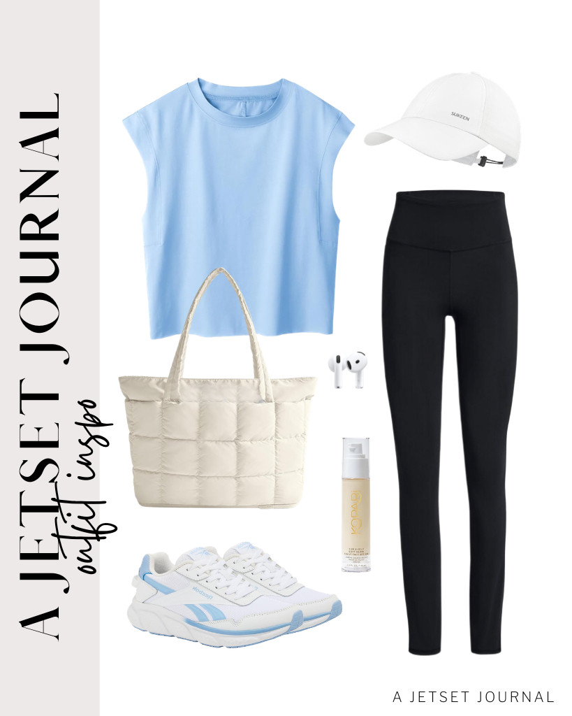 Pair the blue sleeveless cropped top with black high-waisted leggings for your next casual morning routine. These cozy Reebok running shoes and a BAGSMART expandable tote bag go well with this look. Remember to style it with a lightweight Sukeen running hat to manage the bright daylight. 

#LTKSeasonal #LTKSaleAlert #LTKTravel
 

 