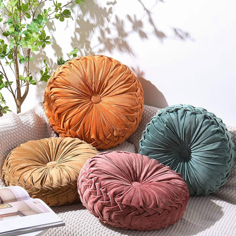 Kathfly Set of 4 Decorative Round Pleated Throw Pillows, Classy Velvet Pumpkin Round Throw Pillow... | Amazon (US)