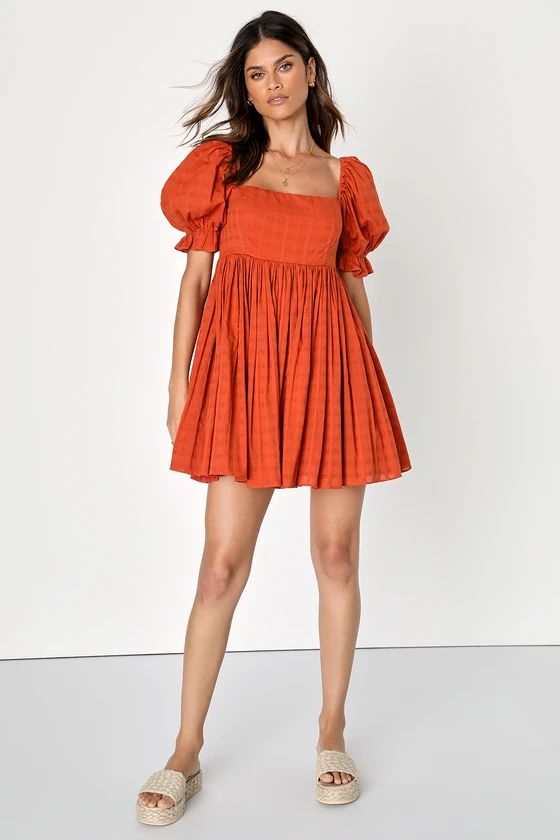 A Day in Paris Orange Square Neck Puff Sleeve Babydoll Dress | Lulus (US)