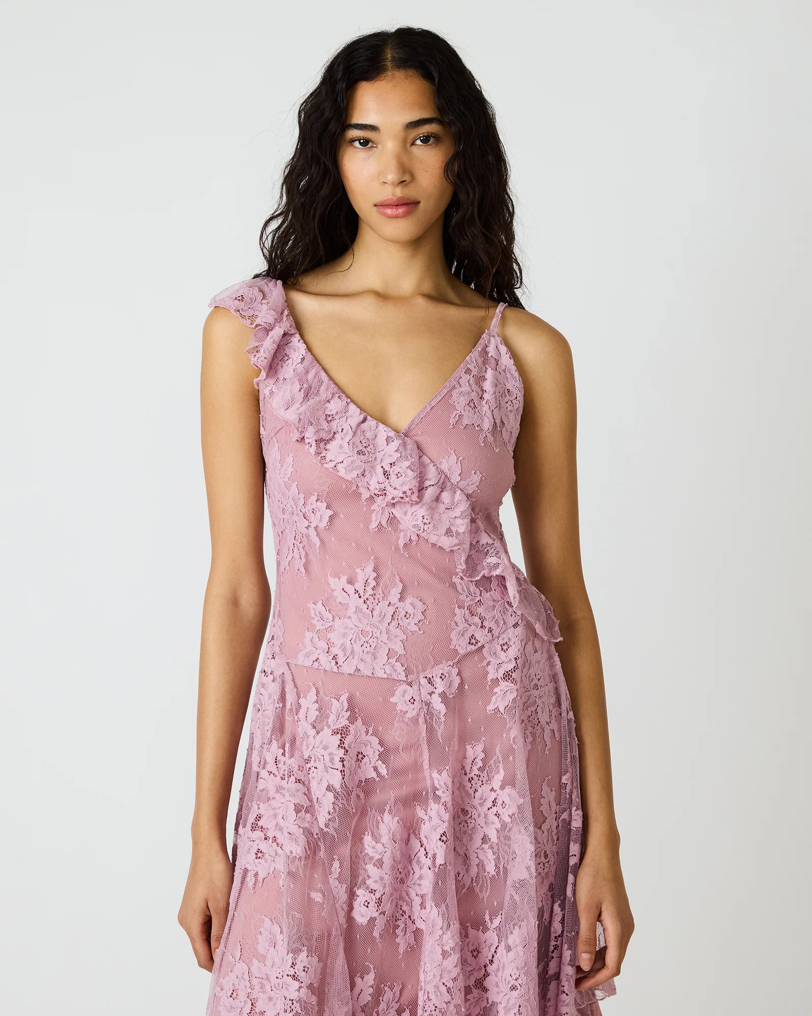 DARIELLA Mauve Shadows Sleeveless Asymmetrical Ruffle Lace Mesh Women's Midi Dress | Steve Madden (US)