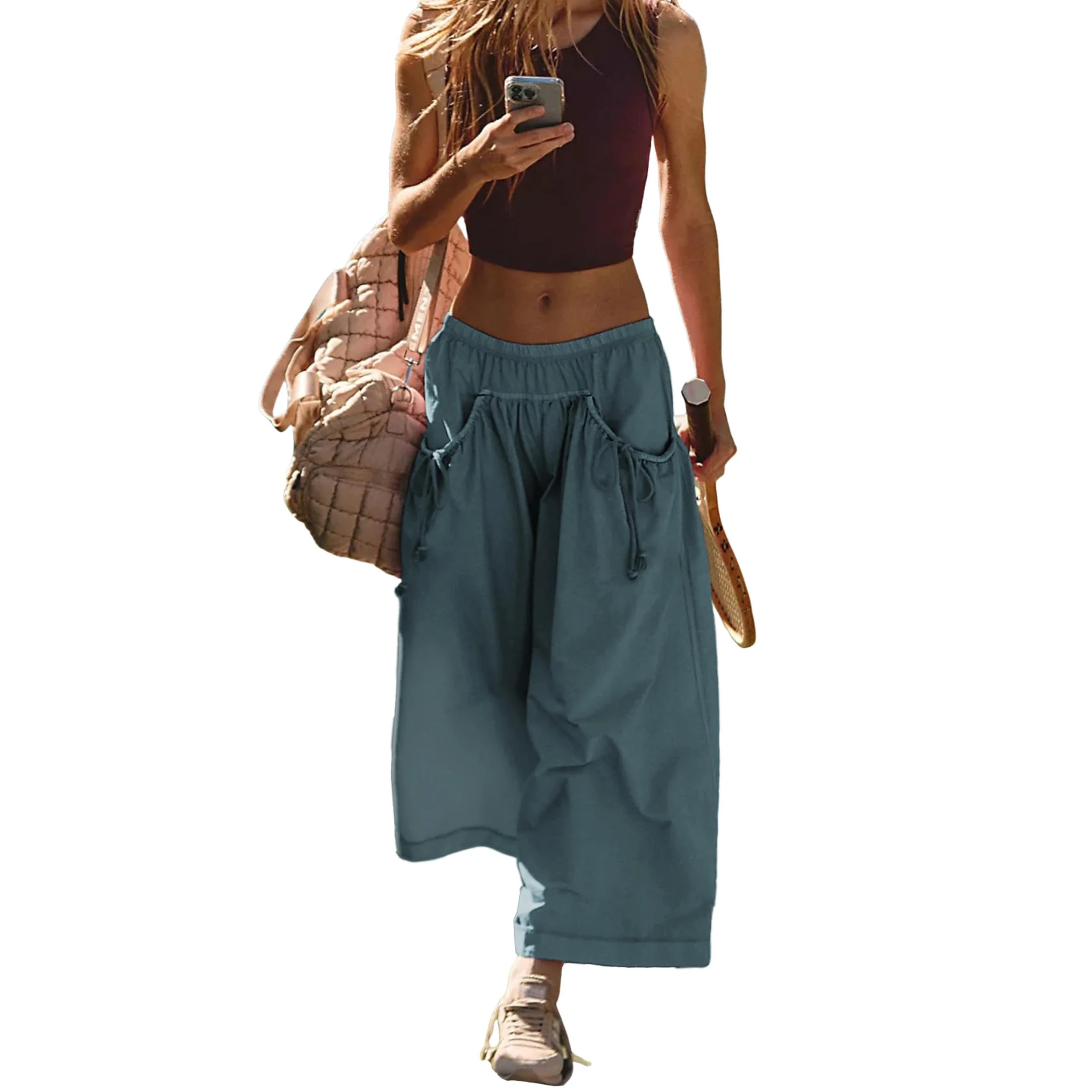 Lentta Womens Loose Wide Leg Track Pants Drawstring Pockets Elastic Waist Capri Hiking Pants | Walmart (US)