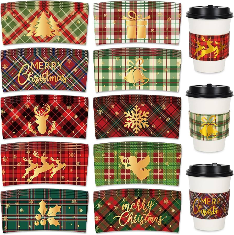Whaline 60Pcs Christmas Coffee Tea Cup Sleeves 10 Designs Buffalo Plaid Merry Christmas Jacket Sl... | Amazon (US)