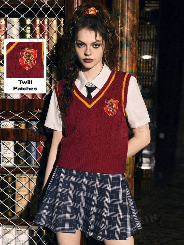 Harry Potter | ROMWE Cartoon Pattern Striped Trim Sweater Vest Without Blouse, School | SHEIN