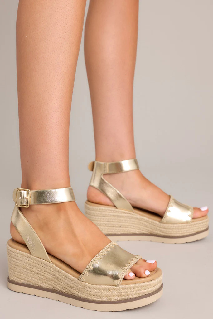 Swaying Palm Gold Espadrille Platform Wedge Sandals | Red Dress