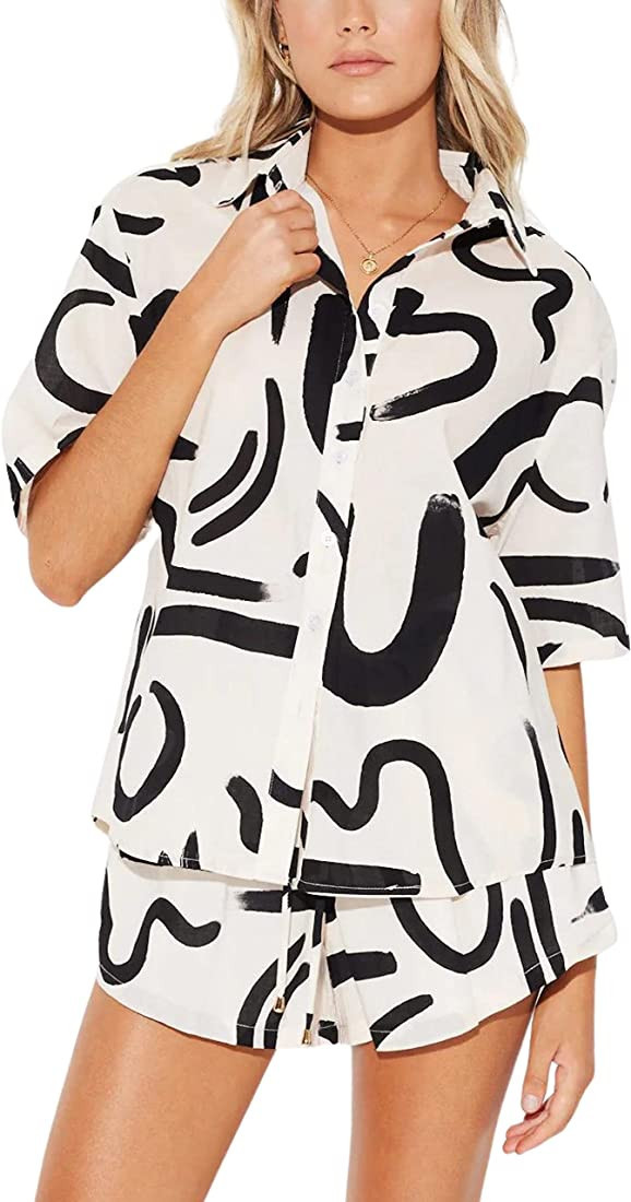 Xiaoxuemeng Womens 2 Piece Tracksuit Outfit Printed Half Sleeve Shirt and Drawstring Shorts Set | Amazon (US)