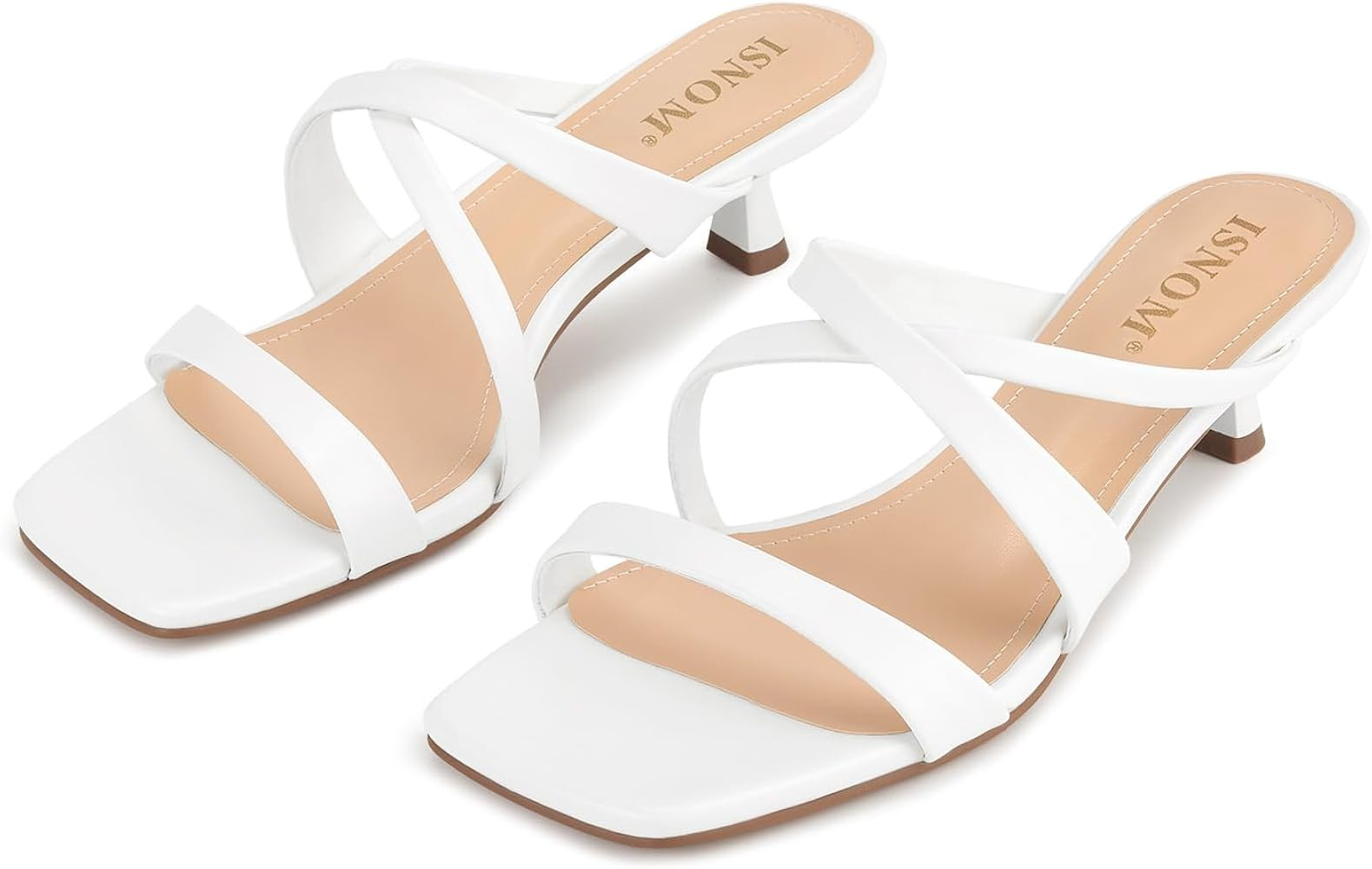 ISNOM Strappy Kitten Heels for Women, Heeled Sandals with Square Open Toe and Slip-on Design, Tre... | Amazon (US)