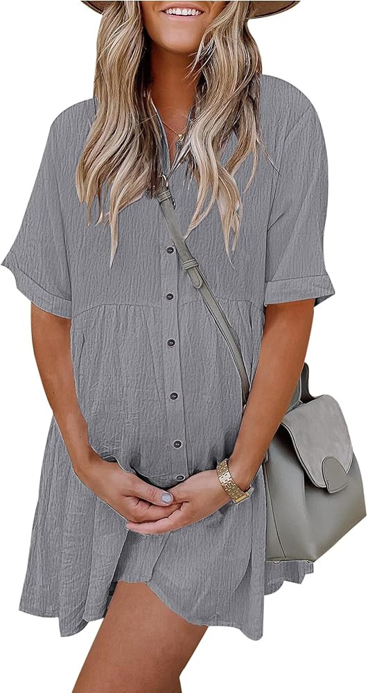 AUSELILY Women's Summer Babydoll Dress Casual Short Sleeve Sundress Button Down Dresses with Pock... | Amazon (US)