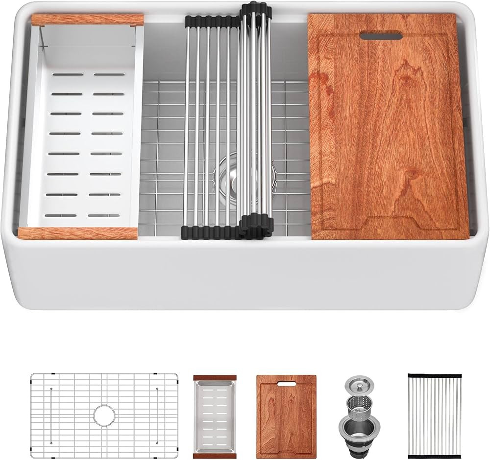 Lordear 33 Inch White Farmhouse Kitchen Sink Apron Front Workstation Fireclay Porcelain Ceramic S... | Amazon (US)