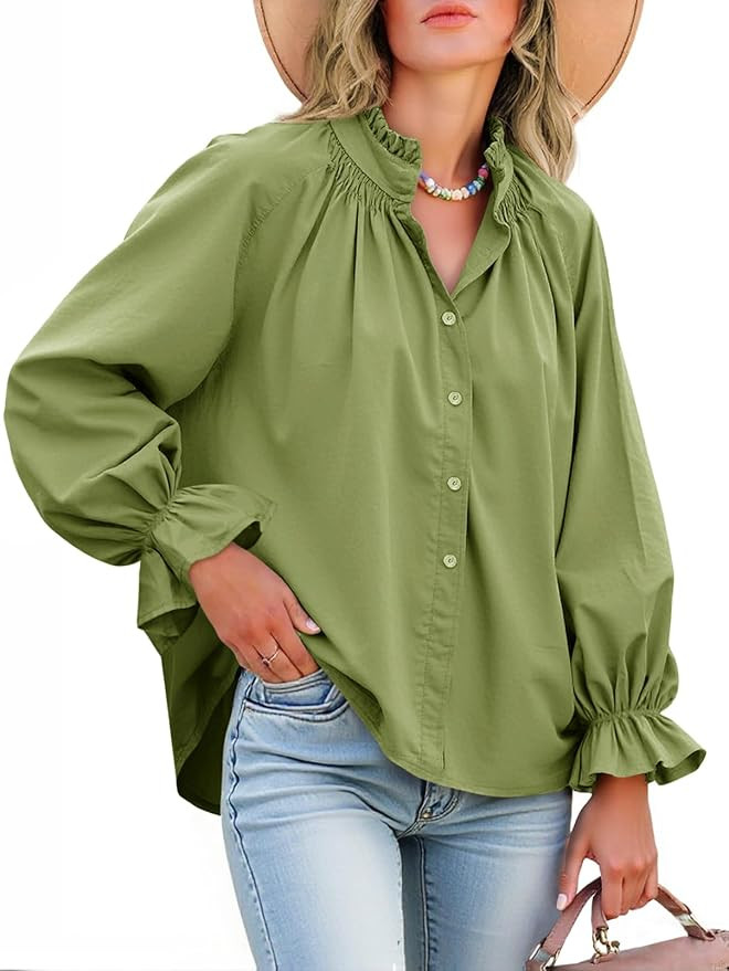 Tankaneo Womens Puff Long Sleeve Button Down Shirts Pleated V Neck Cotton Blouses Loose Fit Casua... | Amazon (US)