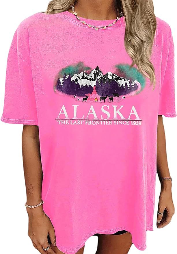 Women's Graphic Oversized Tee Mountain Letter Print Alaska Shirt Vintage Half Sleeve Loose Casual... | Amazon (US)