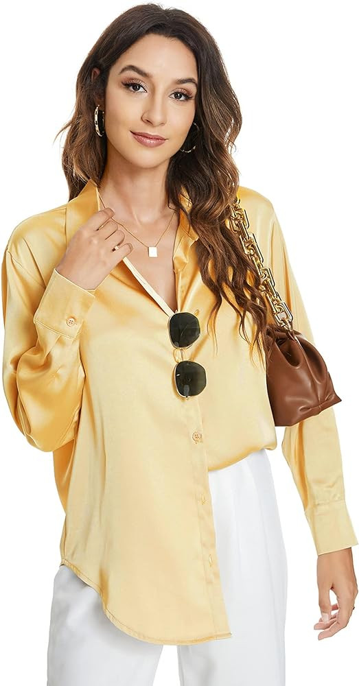 Atnlewhi Womens Long Sleeve Button Down Satin Silk Shirts Casual Business Office Work Blouses Top... | Amazon (US)