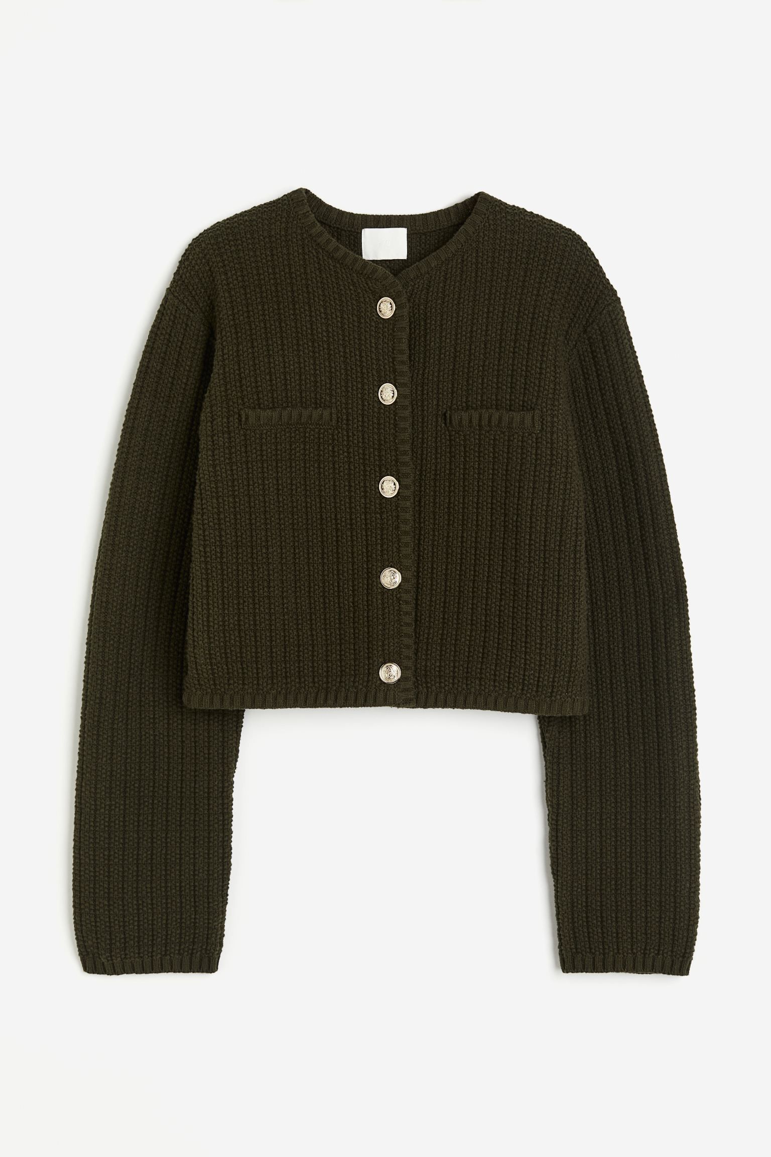 Short textured-knit cardigan - Dark khaki green - Ladies | H&M GB | H&M (UK, MY, IN, SG, PH, TW, HK)