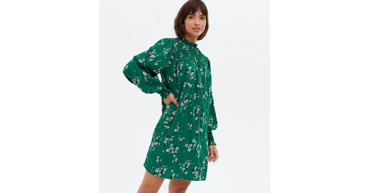 Green Floral Shirred Frill High Neck Mini Dress
						
						Add to Saved Items
						Remove from... | New Look (UK)