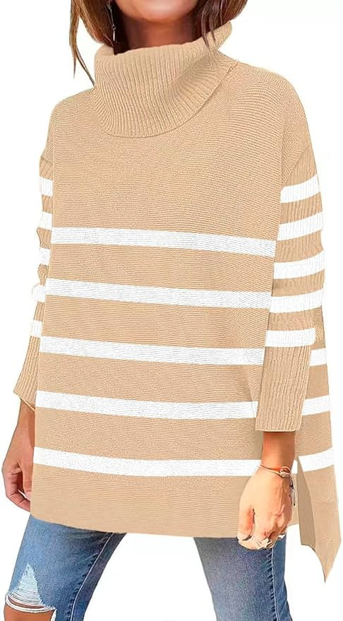 OU MgCE FAST FASHION Women's Turtleneck Oversized Sweaters Long Sleeve Split Hem Striped Knit Pul... | Amazon (US)