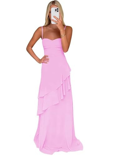 Cozcy Tiered Ruffle Bridemaid Dresses Pink Chiffon A Line Ball Gown Formal Prom Dress for Women Size 4 | Amazon (US)
