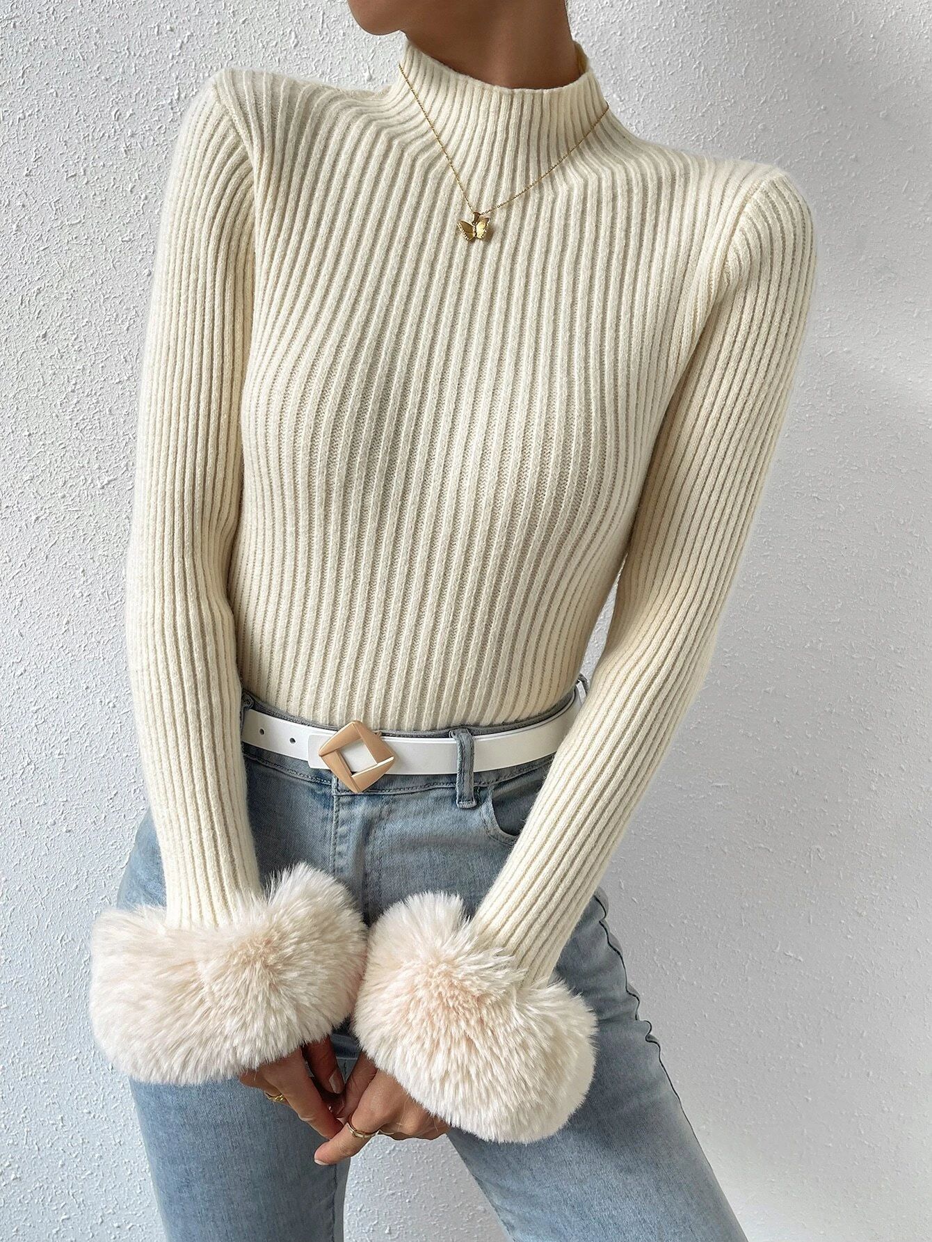 SHEIN Privé Mock Neck Fuzzy Cuff Sweater | SHEIN