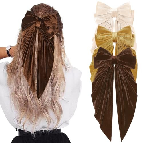 Velvet Hair Bows for Women Girls 3 PCS Hair Ribbon Bow Hair Clips with Long Tails Vintage Hair Accessories for Women Beige Coffee Brown | Amazon (US)