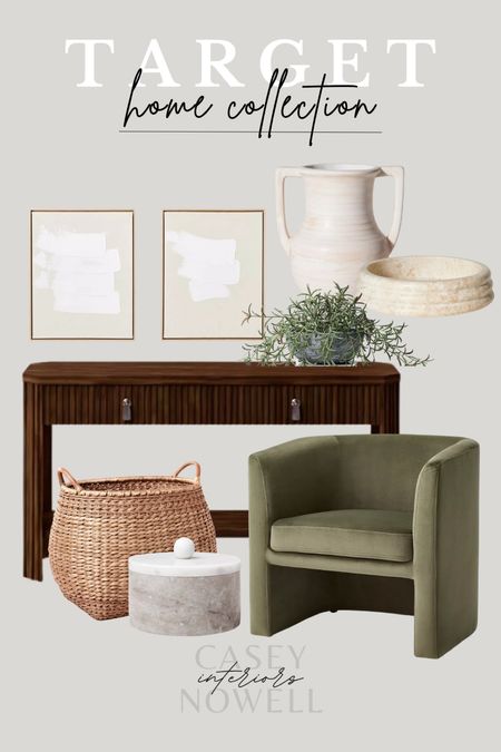 Target home decor, basket, marble dish, console table, art prints, vase, tray, plant, green accent chair, neutral decor. 

#LTKhome #LTKMostLoved #LTKfindsunder50