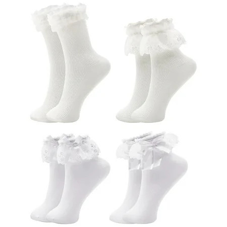 VEGCOO White Frilly Socks Women Girls Lace Socks with Bowties, White Ruffle Socks Beautiful Frilly Socks Cotton Socks Princess Style Dress Socks for Ladies Girls, Sports and Leisure | Walmart (US)