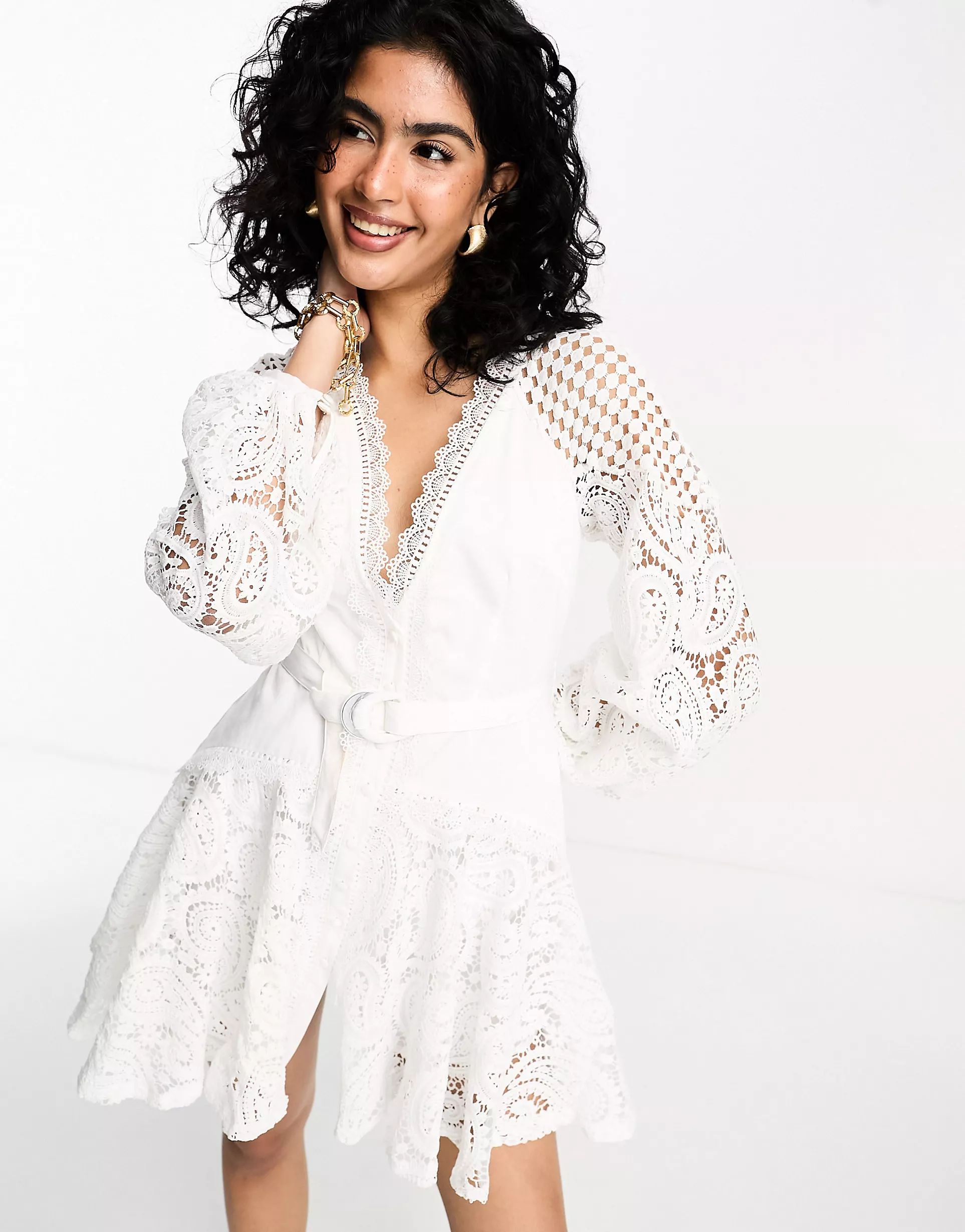 ASOS DESIGN lace insert belted mini dress with button detail in white | ASOS (Global)