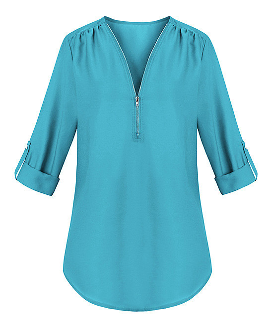 Fee et rit Women's Blouses Sky - Sky Blue Zip-Accent Rolled-Sleeve V-Neck Top - Women | Zulily