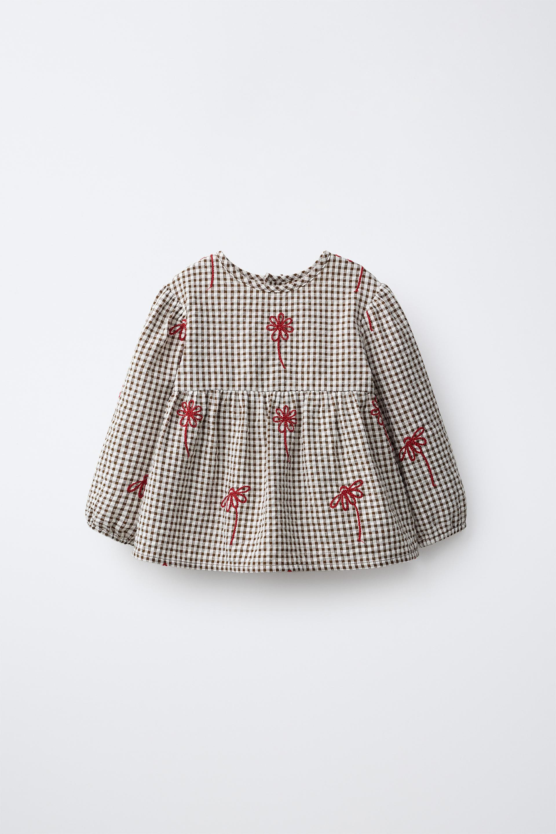 Zara - Embroidered Floral Gingham Blouse - Chocolate - 6-9 Months (29,1 Inches) - Kids | Zara US