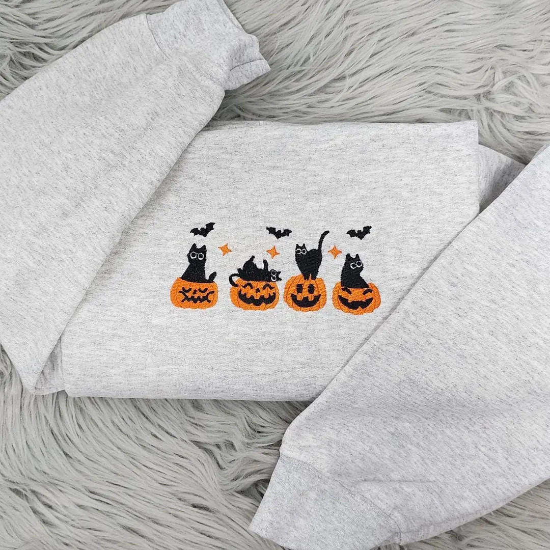 Embroidered Halloween Crewneck: Black Cats in Pumpkins Sweatshirt - Etsy | Etsy (US)