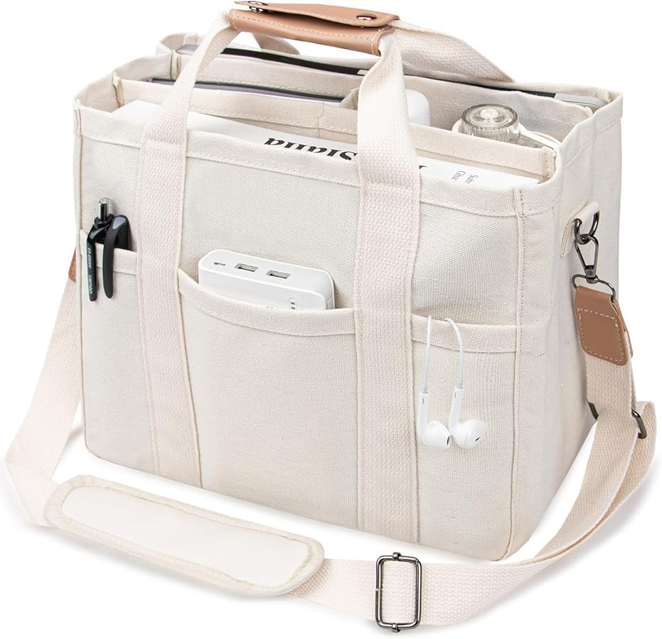 Canvas Tote Bag with Multi-Pocket for Women Large Crossbody Shoulder Handbag Everything Tote Bag ... | Amazon (US)